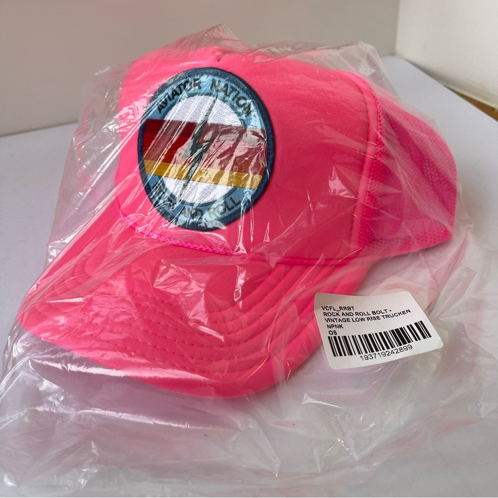 NWT Aviator Nation Neon Pink Trucker Hat Rock & Roll Bolt embroidered patch - Picture 8 of 11
